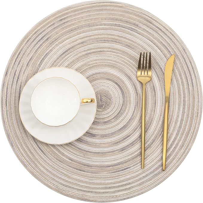 SHACOS Round Braided Placemats 15 inch Set of 4 Variegated Washable Kitchen Table Placemats for Home Wedding Party (Rainbow Gray, 4)