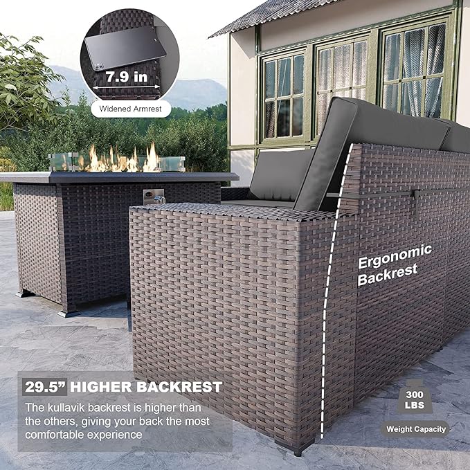Kullavik 13 Pieces Outdoor Patio Furniture Set with 43" 55000BTU Gas Propane Fire Pit Table PE Wicker Rattan Sectional Sofa Patio Conversation Sets,Grey
