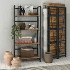 No-Assembly Folding Bookshelf Storage Shelves 4 Tiers Vintage Multifunctional Plant Flower Stand Storage Rack Shelves Bookcase for Home Office (Fire Board)