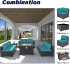 Patio Furniture Set with Fire Pit Table 8 PCS Outdoor Sectional Furniture Outdoor Rattan Patio Conversation Sets with 43in 55,000 BTU Propane Gas Fire Pit Table Glass Table, Blue