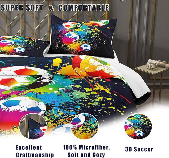 Bodhi Soccer Comforter Set Full,Boys Sports Comforter Set Full,Rainbow Graffiti Football Bedding Set for Boys,Kids,Teens with Matching Pillowcases,Boys Teen Comforter Set Full