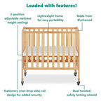 3-in-1 Folding Portable Crib and 3” Extra Firm Fiber Crib Mattress Bundle, Natural and Greenguard Gold Certified