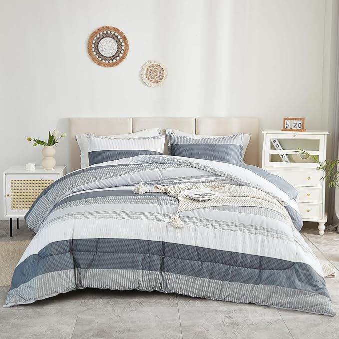 Litanika Light Grey California King Comforter Set, 3 Pieces Cal King Lightweight Gray White Colorblock Stripe Bedding Comforter Sets, Fluffy Bed Set