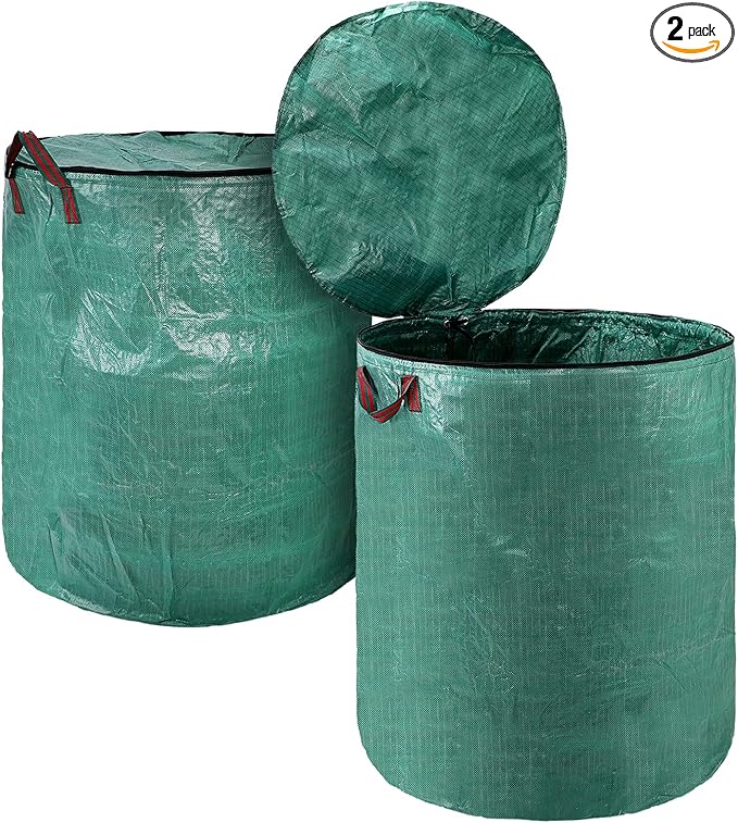 Kingdder 2 Pack 132 Gallon Reusable Yard Waste Bags with Lid and Handle Collapsible Extra Large Lawn Bag Holder Heavy Duty Leaf Bins Garden Container for Garbage Outdoor Clean Up Debris Leaves Grass