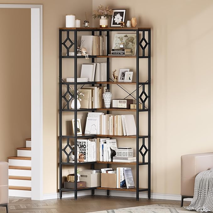 YITAHOME 7 Tier Corner Bookshelf Reversible Bookcase, Tall Bookshelf Display Rack Shelf with Metal Frame for Living Room, Bedroom, Home Office, Rustic Brown