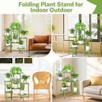iDavosic.ly 6 Tier Folding Plant Stand Indoor Outdoor with Plastic Tray, Tiered Corner Flower Holder Shelf, Metal Orchid Display Rack for Patio Porch Living Room Garden Balcony, Green