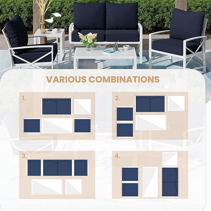 Shintenchi 5 Piece Outdoor Furniture Sets, White Metal Sofa Conversation Sets with Loveseat, Two Single Chairs and Two Coffee Tables for Backyard, Patio, Balcony, Poolside (Dark Blue)