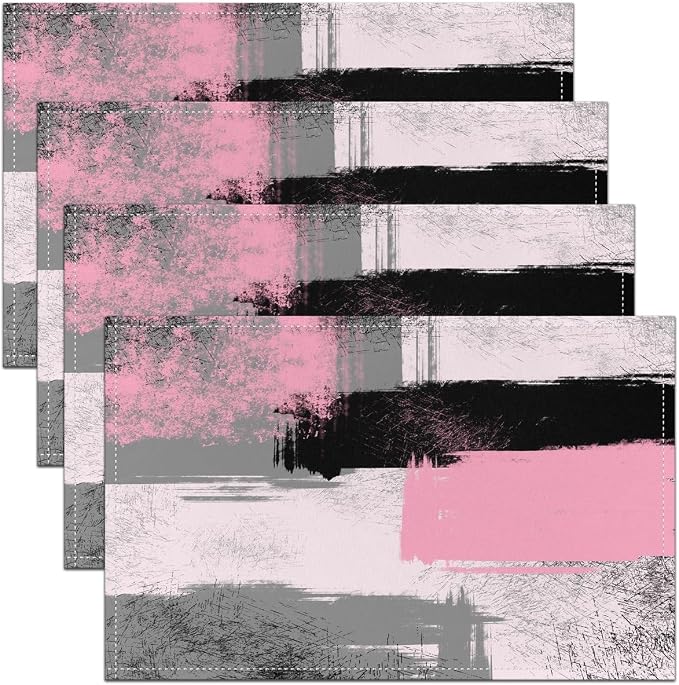 Feelyou Light Pink Black Grey White Placemats Set of 4 for Kids Boys Girls Abstract Placemat for Kitchen Dining Table Decor Indoor Outdoor 18"x12" Ombre Modern Table Place Mats, Decor Buffalo Check
