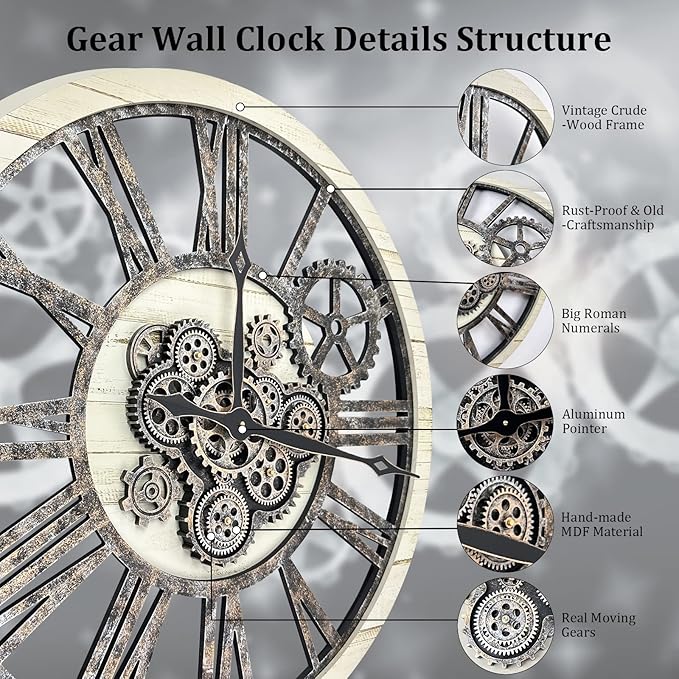 HOIBAI Large Wall Clock, Wall Clocks for Living Room Decor 30 Inch Farmhouse Vintage Rustic Kitchen Wall Decor Vintage Roman Oversized Wall Clock for Home Bedroom House, Moving Gears Clock