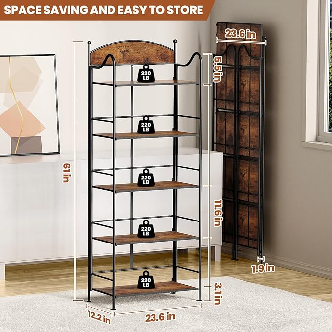 Folding Bookshelf No Assembly, 5 Shelf Black Folding Bookcase, Industrial Tall Metal Collapsible Corner Book Shelf with Storage Shelves for Bedroom, Living Room, Home Office Organization
