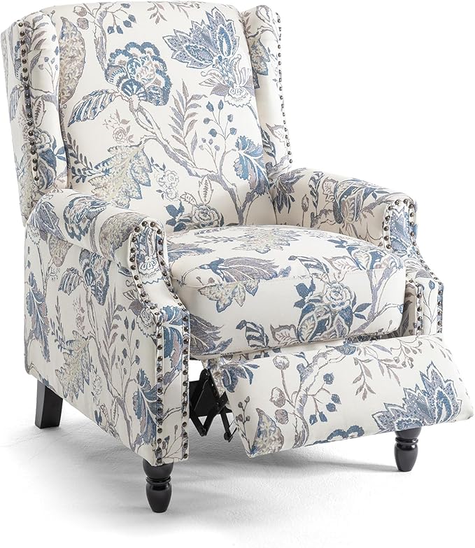 UIXE Pushback Recliner Chair, Push Back Accent Chair Fabric Upholstered Armchair for Living Room, Rivet Trim Home Theater Single Sofa Bedroom Reading Seat - Blue Plants