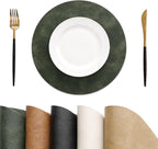 MOSAYT 13 Inch Round Vinyl Placemats Set of 8 - Faux Leather 100% Waterproof Oil-Proof Wipeable PU Place Mats, Heat Resistant Reversible Table Mats for Kitchen, Dining, Outdoor, Olive Green