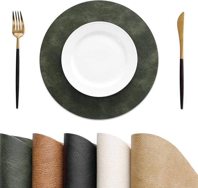 MOSAYT 13 Inch Round Vinyl Placemats Set of 8 - Faux Leather 100% Waterproof Oil-Proof Wipeable PU Place Mats, Heat Resistant Reversible Table Mats for Kitchen, Dining, Outdoor, Olive Green