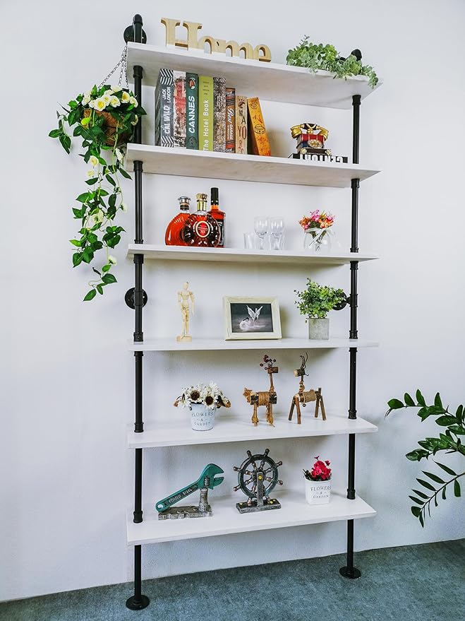 6 Tier Industrial Ladder Shelf Bookcase, Wall Mounted Rustic Bookshelf for Living Room Decor and Storage (White, 6 Tier - 10" D x 36" W x 82.5" H)