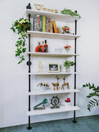 6 Tier Industrial Ladder Shelf Bookcase, Wall Mounted Rustic Bookshelf for Living Room Decor and Storage (White, 6 Tier - 10" D x 36" W x 82.5" H)
