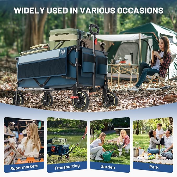 TIMBER RIDGE Collapsible Wagon Cart with Brakes, 200L Large Capacity Compact Portable Easy to Carry Folding Wagon, Utility Grocery Cart for Camping, Gardening, Shopping
