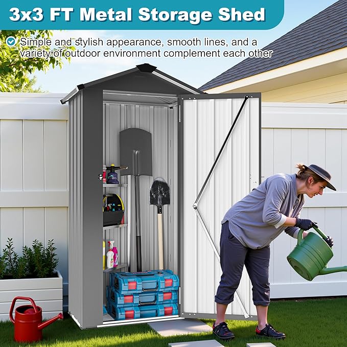 2.5x1.4 FT Outdoor Storage Shed, Metal Tool Shed with Lockable Doors & Peaked Roof, Galvanized Steel Garden Shed for Backyard Garden Patio Lawn, Black