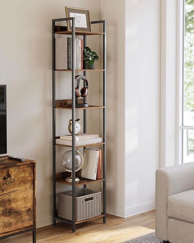 6-Tier Bookshelf, Narrow Bookcase with Open Shelves, Talll Book Shelf Coner Shelf for Living Room, Bedroom, Home Office, Study, Bathroom,11.5 x 15.7 x 72.6 Inches, Rustic Brown and Black