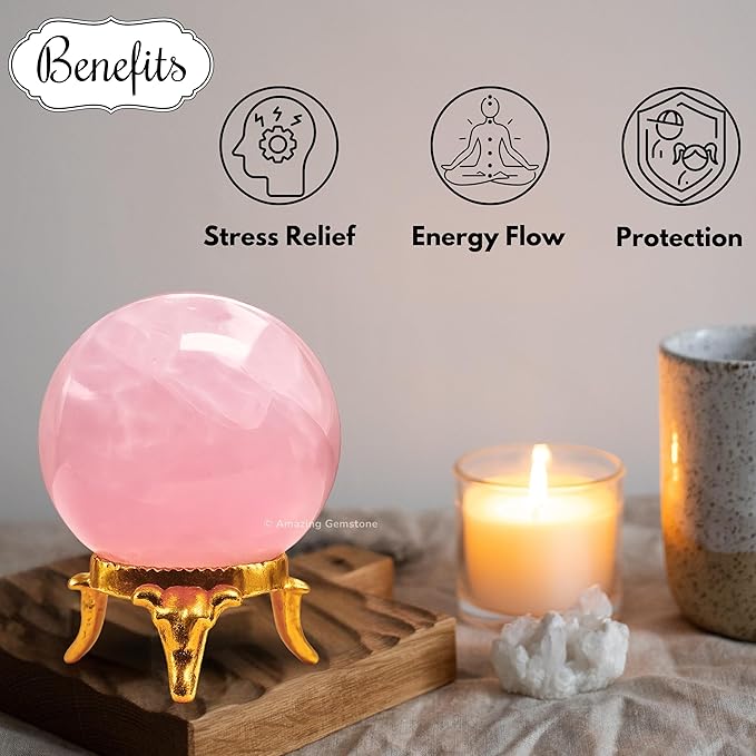 Amazing Gemstone Rose Quartz Crystal Ball with Stand - 2 Inches Crystal Sphere Meditation Balls for Witchcraft and Decorative Balls