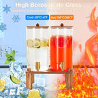 FavorFlavor 1.5 Gallon Drink Dispenser: 2P Glass Dispenser w/Wood Stand | 6L large Capacity-Stainless Steel Spigot-Beverage Container for Lemonade/Juice/Sun Tea-Ideal for Home Gatherings&Party Drink