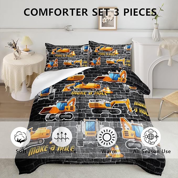 Axolotl Excavator Bedding Set Queen Size,Yellow Excavator Bed Comforter for Kids Boys Teens,Tractor Truck Bedding Set for Boys,Construction Bedding Set for Boys,1 Quilt 2 Pillowcases,Deep Grey