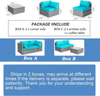 Shintenchi 5 Pieces Outdoor Patio Sectional Sofa Couch, Silver Gray PE Wicker Furniture Conversation Sets with Washable Cushions & Glass Coffee Table for Garden, Poolside, Backyard (Blue)