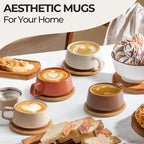 MIAMIO - Cappuccino Cup Set of 4, Ceramic (11oz) - Luxe (Beige Pastel) | Ceramic cappuccino cups and saucers, wide latte cups and mugs for Americano, 4-piece set of ceramic cups, dishwasher safe