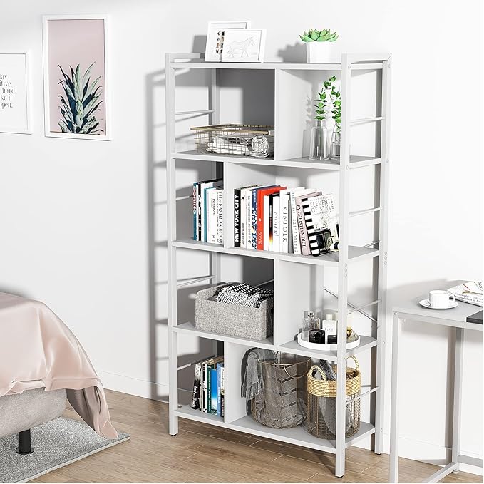 armocity White Bookshelf 5 Tier Tall Industrial Bookcase Wood Metal Frame Standing Book Shelf, Display Bookshelves Storage Organizer for Bedroom Living Room Home Office, White