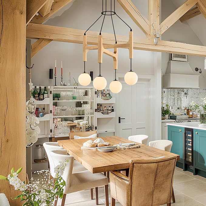 Natural Farmhouse Wood Chandeliers Vintage Milk Glass Pendant Light L24 '' Mid Century Long 4-Light Hanging Fixture for Living Dining Room Entryway Foyer Bedroom Kitchen,G9