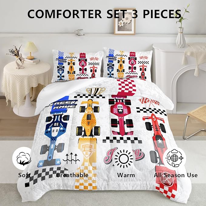 Axolotl Racing Car Comforter Set Twin Size,Colorful Sports Car Bedding Set for Kids Boys Teen Adult,Extreme Speed Race Bedding Sets Car Theme Bedroom Decor with 1 Comforter and 2 Pillowcases