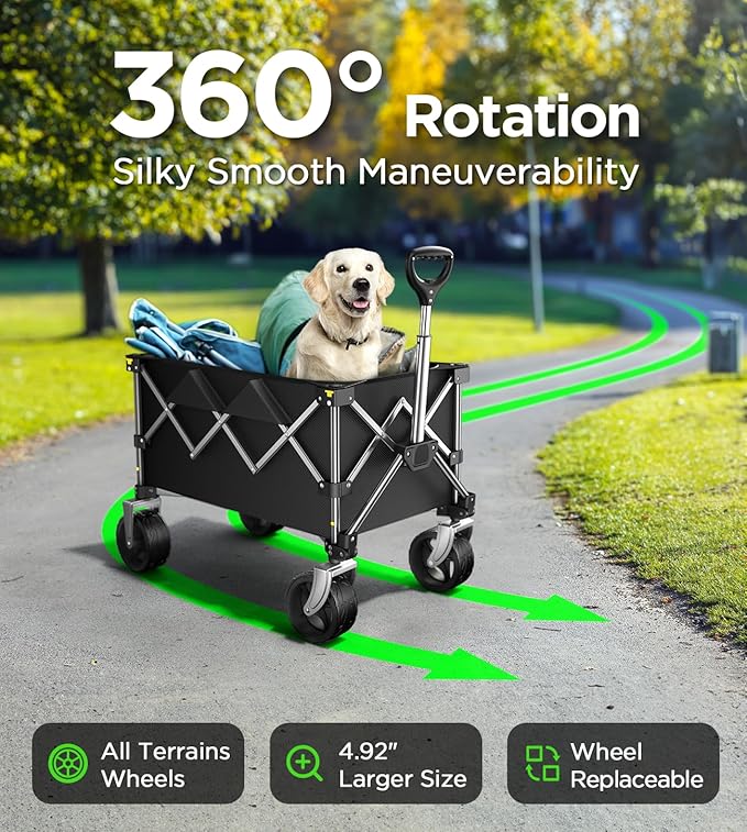 Beach Wagon,Collapsible Wagon 220lbs with Big Wheels FoldableWagon Carts,Portable Utility for Garden Grocery Sports Camping All Terrain-Black