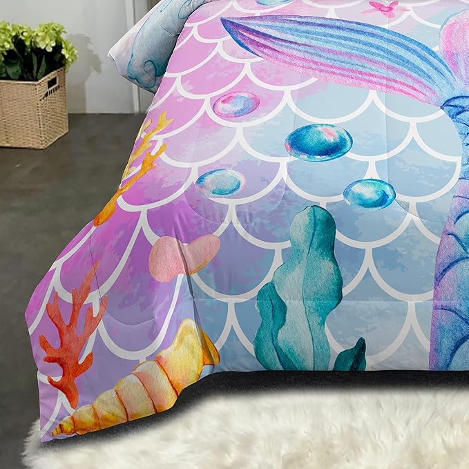 NINENINE Mermaid Comforter Sets,Twin Bedding Sets for Girls,Kids Comforter Sets for Girls,Girls Twin Bedding Princess Comforter Sets with 1 Comforter 1Pillowcase