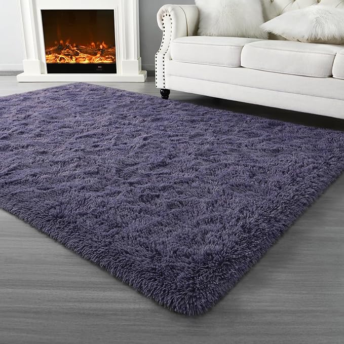 Super Soft Fluffy Shaggy Rugs for Living Room Bedroom, Fuzzy Plush Area Rugs for Girls Kids Room Nursery Home Decor, Furry Dorm Rug Cute Non-Slip Indoor Floor Carpet 5x8 Feet, Grey-Purple
