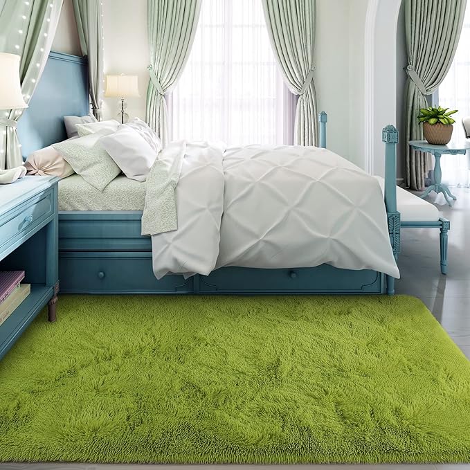Super Soft Fluffy Shaggy Rugs for Living Room Bedroom, Fuzzy Plush Area Rugs for Girls Kids Room Nursery Home Decor, Furry Dorm Rug Cute Non-Slip Indoor Floor Carpet 3x5 Feet, Green