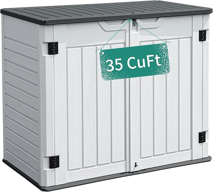 YITAHOME Outdoor Horizontal Storage Sheds w/o Shelf, 35 Cu Ft Lockable Resin Waterproof Shed, Ideal for Garden Tools, Easy to Assemble, Light Gray