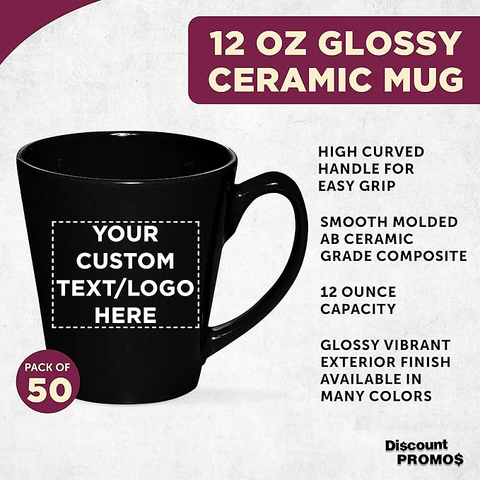 DISCOUNT PROMOS Custom Glossy Ceramic Latte Coffee Mug 12 oz. Set of 50, Personalized Bulk Pack - Perfect for Tea, Espresso, Cappuccino, Hot Cocoa - Black
