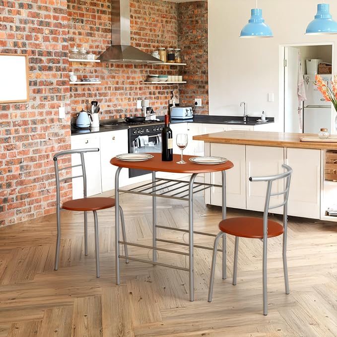 VINGLI 3 Piece Dining Set, Small Kitchen Table Set for 2, Breakfast Table Set, Kitchen Wooden Table with 2 Chairs for Small Space/Dining Room/Apartment, Metal Frame, Wine Rack, Russet