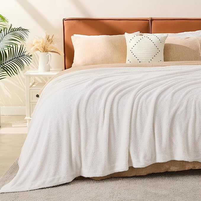 EMME Muslin and Fleece Queen Blanket Reversible - 80"*90" Cream Soft Warm Throw Blankets for Couch Bed Picnic Travel Bed