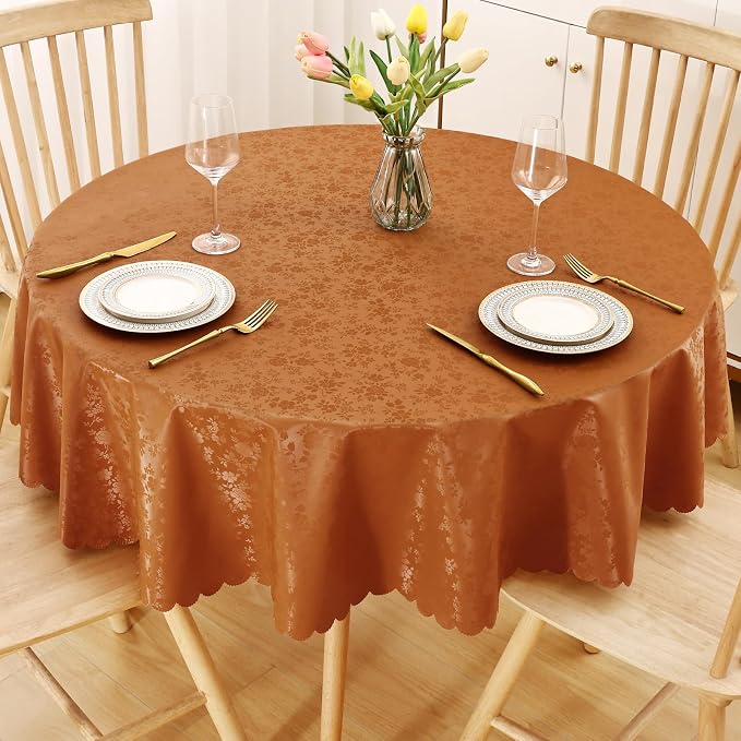 Smiry Round Waterproof Heavy Duty Vinyl Tablecloths, 60 x 60 Inch | Wipeable Washable Floral Embossed Table Cover for Kitchen and Dining Room, Indoor & Outdoor Use, Bronze