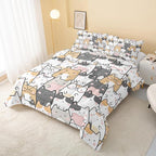 Kawaii Cat Comforter Queen Size,Cats Comforter Set for Kids Teens Girls Boys,3Pcs Bedding Set Printed Comforter with 2 Pillowcases,Down Alternative,Soft and Lightweight，Queen Size