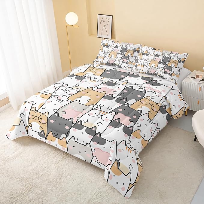 Kawaii Cat Comforter King Size,Cats Comforter Set for Kids Teens Girls Boys,3Pcs Bedding Set Printed Comforter with 2 Pillowcases,Down Alternative,Soft and Lightweight，King Size