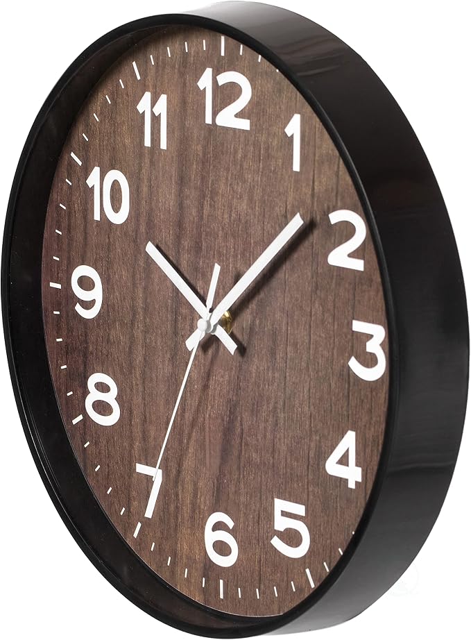Decorative Modern Round Wood- Looking Plastic Wall Clock for Living Room, Kitchen, or Dining Room, Brown