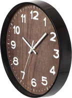Decorative Modern Round Wood- Looking Plastic Wall Clock for Living Room, Kitchen, or Dining Room, Brown