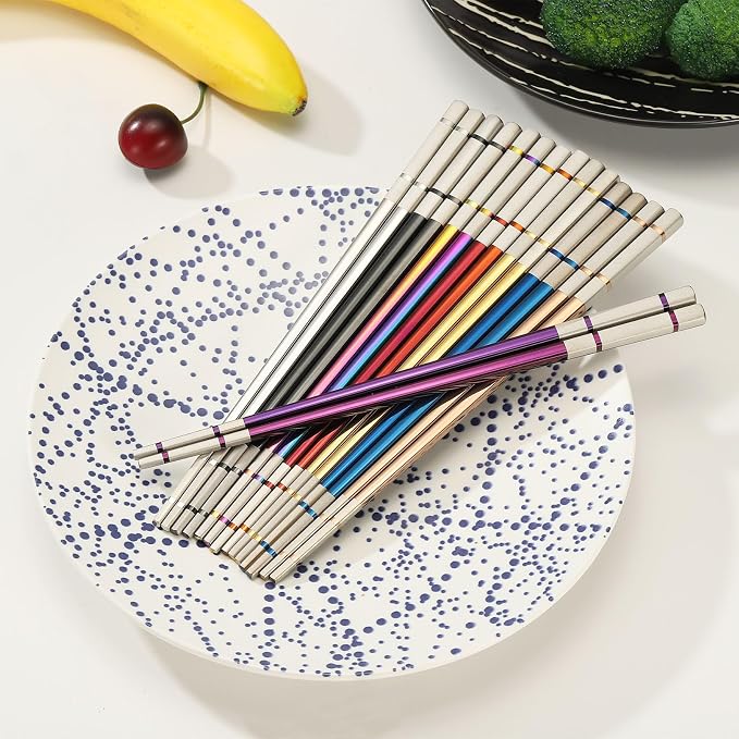 uxcell 8 Pairs Stainless Steel Chopsticks, 23.5cm / 9.25 Inch Metal Chop Sticks Square Lightweight Chopsticks Tableware Accessories Bulk for Home Kitchen Hot Pot Cooking, Colored Purple
