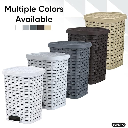 Small Outdoor Trash Can with Lid for Dog-Poop 1.5 Gallon/6 L Mini Plastic Garbage Can with Foot Pedal for Bathroom, Bedroom, Office, Patio, Wicker Beige