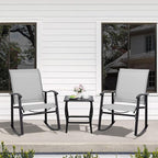 Shintenchi 3 Piece Rocking Bistro Set, Outdoor Furniture with Rocker Chairs and Glass coffee table set of 3, Balcony, Porch Furniture for Small Space, Light Gray