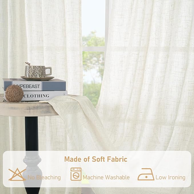 LAMIT Living Room Linen Curtains 95 Inch for Bedroom, Bronze Grommet Linen Textured Sheer Curtains Light Filtering Burlap Panels for Farmhouse, 2 Panels, 52 x 95 Inch, Cream