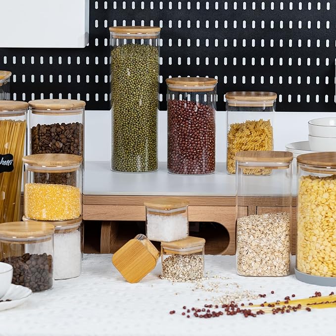 70oz Straight cylindrical Airtight Storage Jars with Bamboo Lid Set of 3 Storage Container Glass Jars, Kitchen Canister for Noodles, Pasta and Coffee beans (‎with Black Lable)