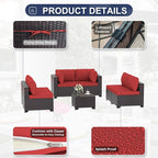 Outdoor Furniture Set 7PCS Patio Furniture for Backyard Wicker Sectional Sofa Set 6 Seats, PE Rattan Outdoor Conversation Set with Thickened Cushions and Glass Coffee Table, Red
