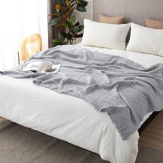 EMME Cotton Blanket Queen Size for Bed Soft Large Muslin Bed Blankets 80"x90" Lightweight Breathable Blanket All Season Gauze, Light Grey